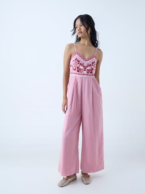 Bombay Paisley by Westside Pink Floral Embroidered Cotton Jumpsuit