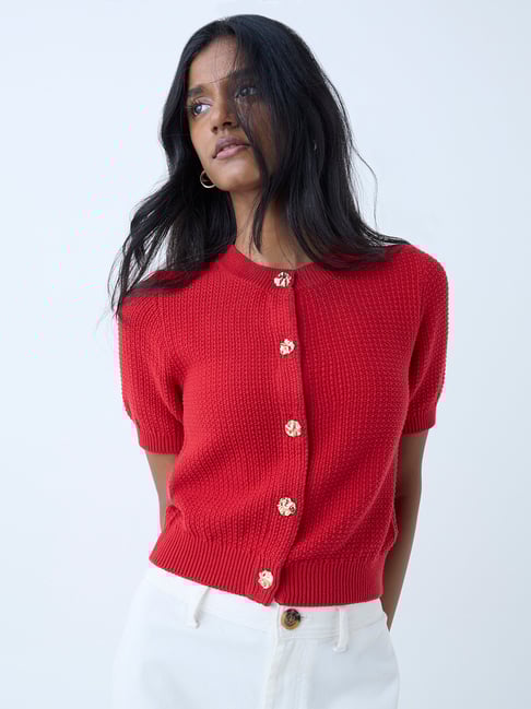 LOV by Westside Red Knit-Textured Cotton Cardigan