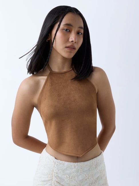 nuon women Nuon by Westside Brown Suede Halter Neck Top-picture-17