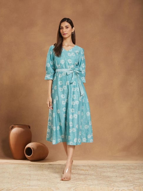 Fabindia Green Cotton Silk Hand Block Printed Midi Dress