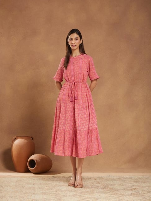 Fabindia Pink Cotton Printed Midi Dress