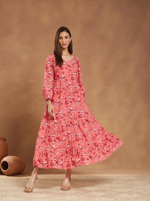 Fabindia Pink Cotton Printed Maxi Dress