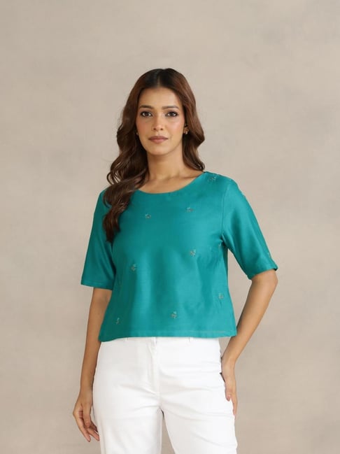 Fabindia Teal Cotton Silk Embroidered Regular Fit Top-image-15