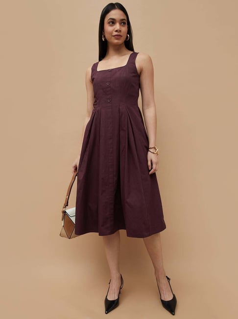 Code By Lifestyle Dark Wine Cotton Regular Fit Dress