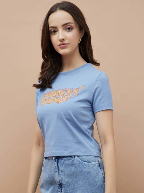 Ginger By Lifestyle Light Blue Cotton Regular Fit Printed T-Shirt-picture-19