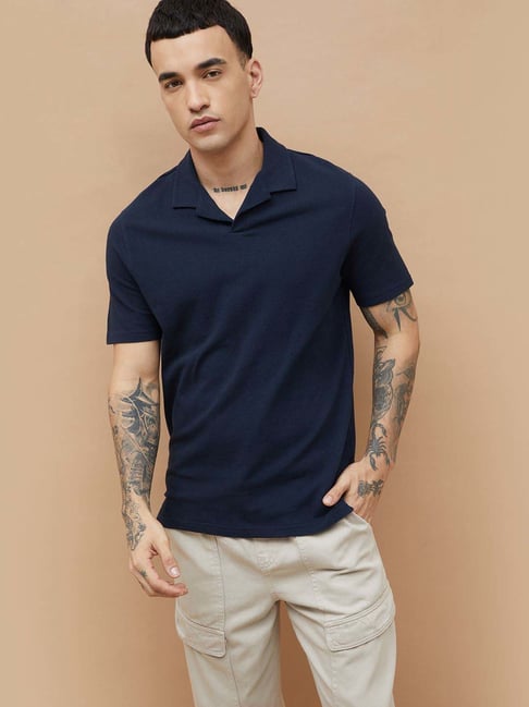 Forca By Lifestyle Navy Cotton Relaxed Fit Texture Polo T-Shirt
