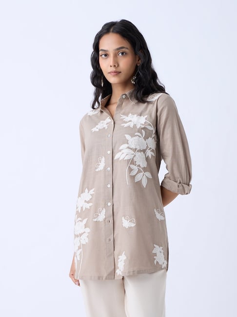 Utsa by Westside Taupe Floral Embroidered Cotton Ethnic Tunic
