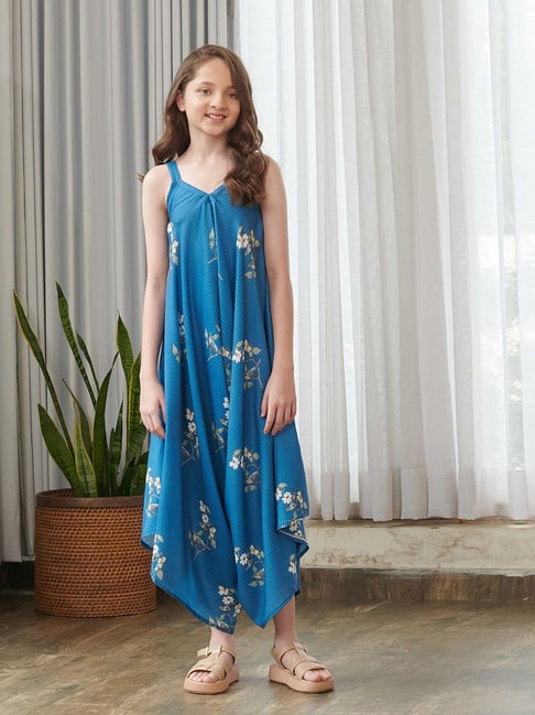 Pasha India Girls Blue Floral Print Jumpsuit