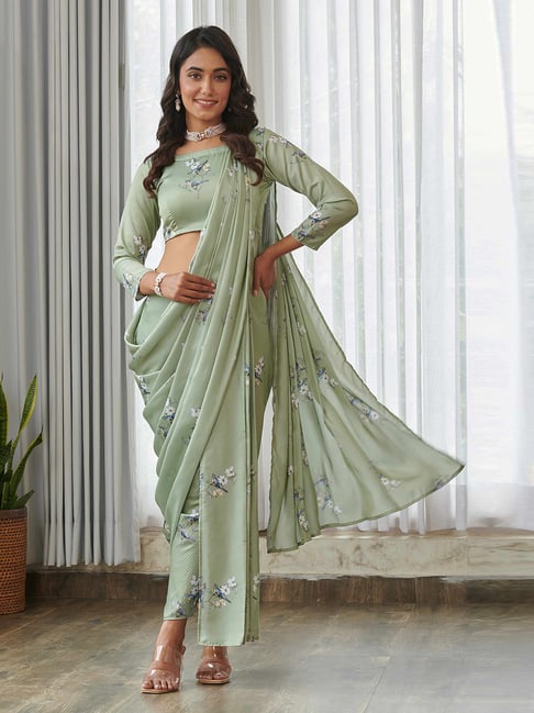 Buy Pasha India Green Tailored Floral Saree With Dhoti Pants for