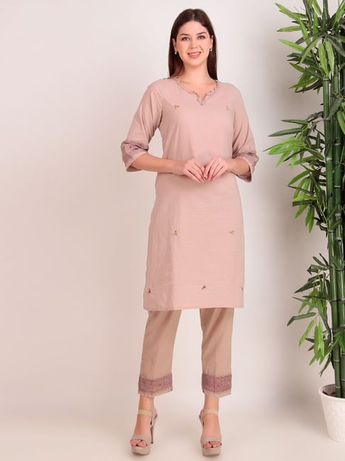 Zuri Taupe Cotton Regular Fit Embroidered Kurta