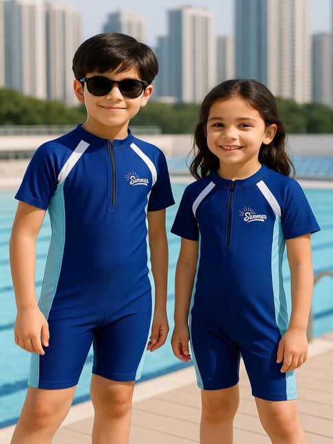 Bubble Berry Boys Navy Blue Color Block Swimsuit
