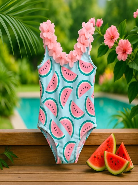 Bubble Berry Girls Blue Printed Swimsuit