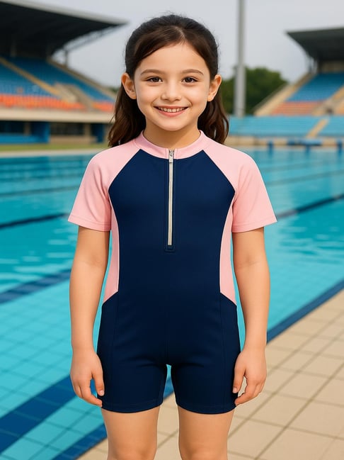Bubble Berry Girls Navy Blue Color Block Swimsuit