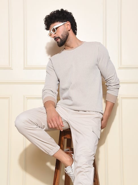 Crimsoune Club Beige Blended Regular Fit Striped Sweatshirt-picture-23