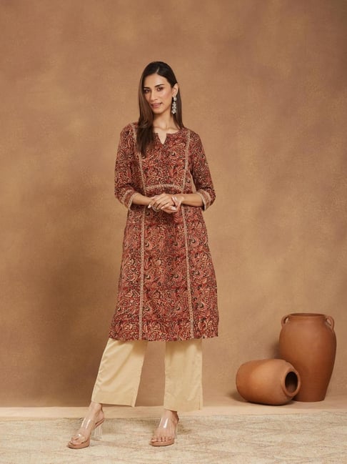 Fabindia Maroon Cotton Kalamkari Slim Fit Long Kurta