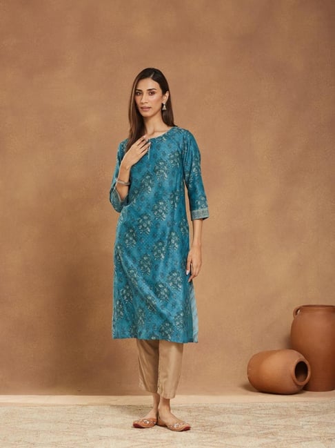 Fabindia Blue Cotton Silk Hand Block Printed Long Kurta-picture-16