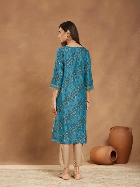 Fabindia Blue Cotton Silk Hand Block Printed Long Kurta - Main Image