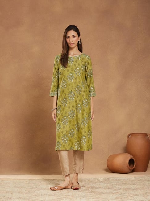 Fabindia Green Cotton Silk Hand Block Printed Long Kurta