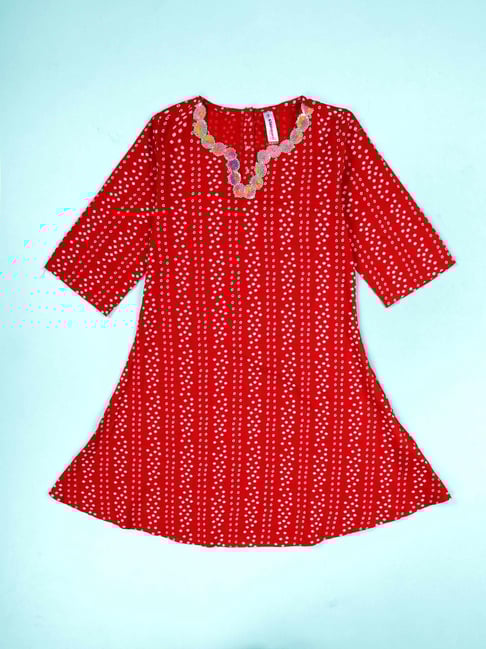 Kiddopanti Girls Red Printed Regular Fit Kurta