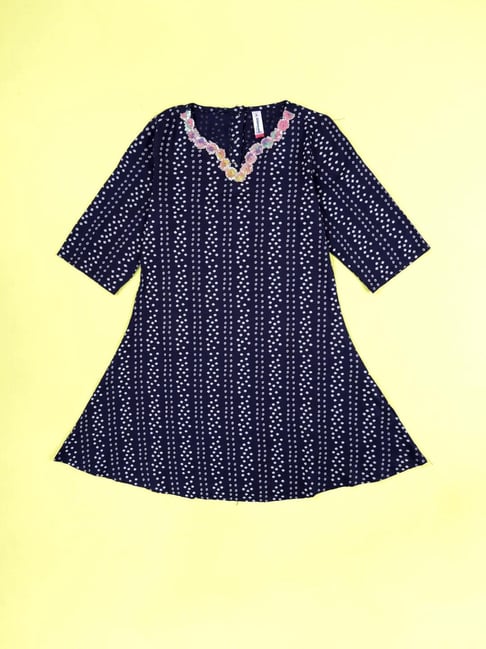 Kiddopanti Girls Navy Blue Printed Regular Fit Kurta