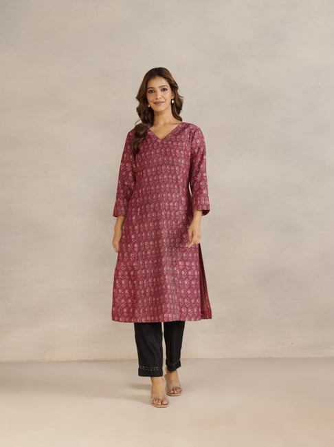 Fabindia Maroon Cotton Silk Printed Regular Fit Kurta
