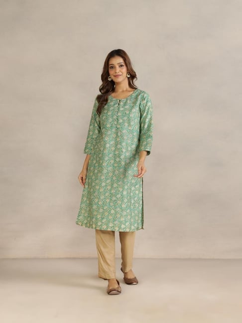 Fabindia Green Cotton Silk Printed Regular Fit Kurta