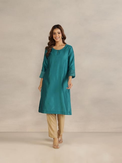 Fabindia Teal Cotton Silk Embroidered Regular Fit Kurta-picture-38