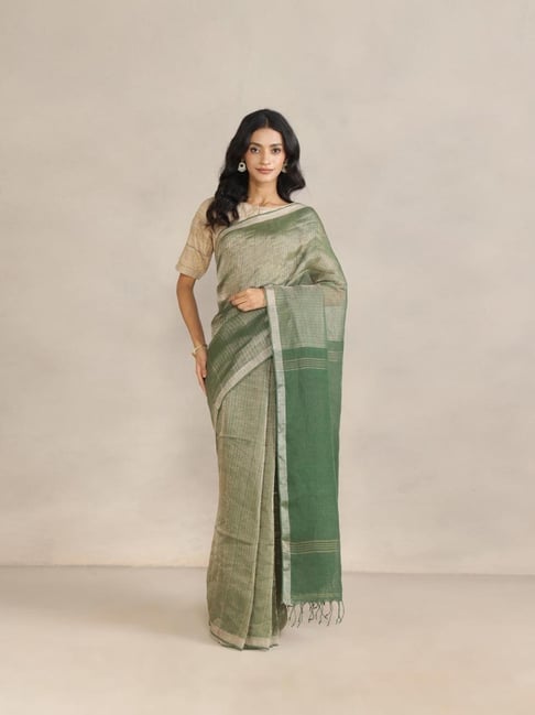 Fabindia Green Linen Blend Hand Woven Saree-image-41