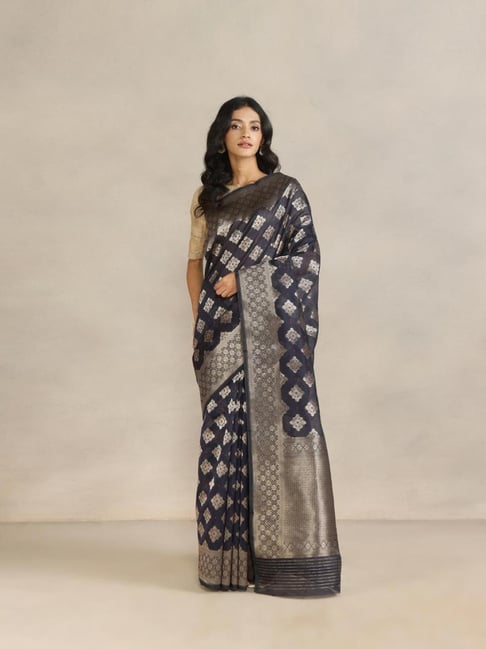 Fabindia Navy Cotton Silk Blend Banarsi Saree-picture-19