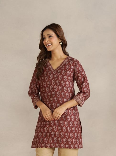 Fabindia Maroon Cotton Silk Hand Block Printed Slim Fit Short Kurta-picture-12