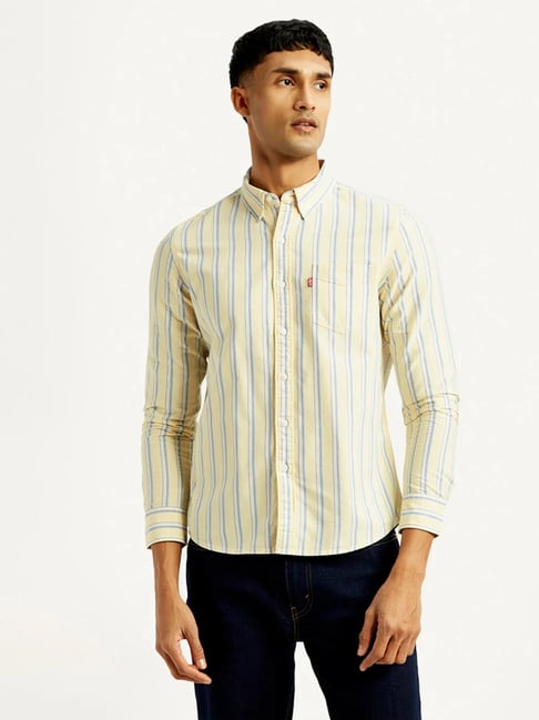 Levi's Yellow Cotton Slim Fit Striped Shirt
