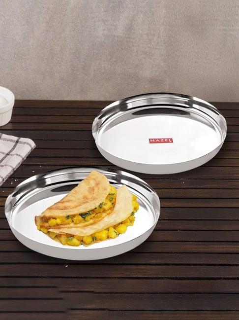 HAZEL Silver Stainless Steel Plates for Dinner & Lunch - Set of 2