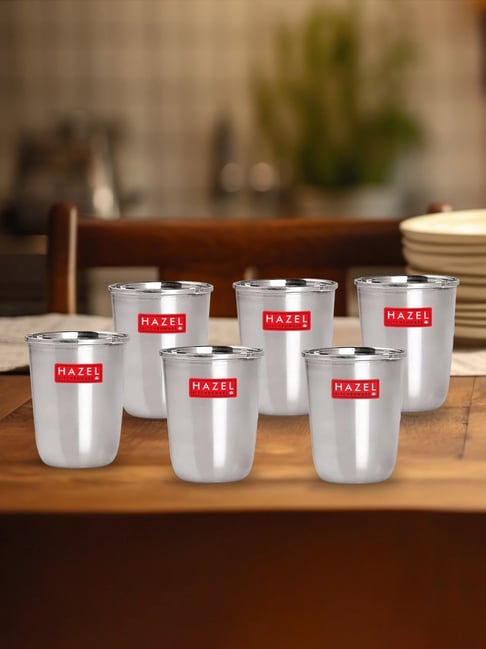 HAZEL Silver Stainless Steel Glasses - Set of 6 (250 ml)