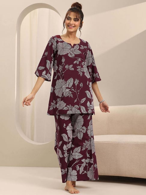Libas Maroon Regular Fit Floral Print Night Suit