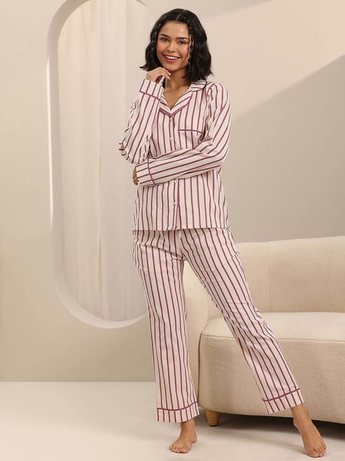 Libas Off White Regular Fit Striped Night Suit