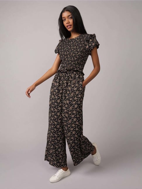 American Eagle Black Regular Fit Floral Print Jumpsuit