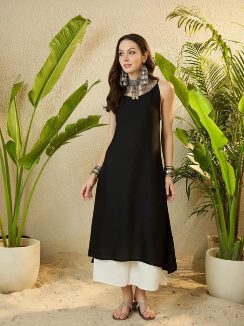 Inweave Black Rayon Solid Kurti