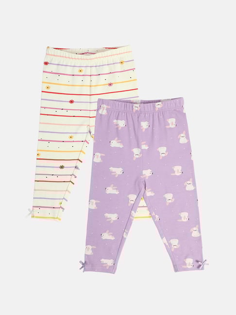 Miniklub Girls Off White & Lavender Regular Fit Knitted Leggings
