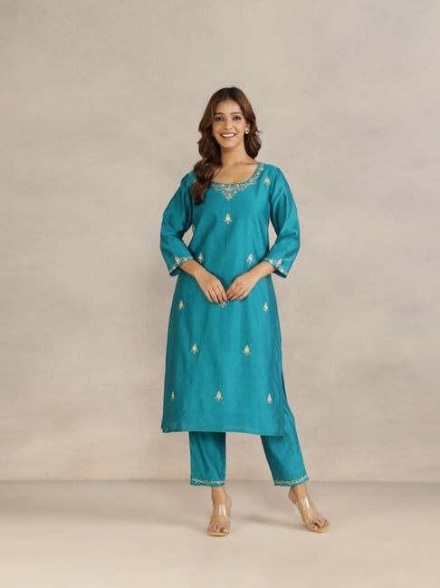 Fabindia Teal Cotton Silk Embroidered Regular Fit Kurta Set