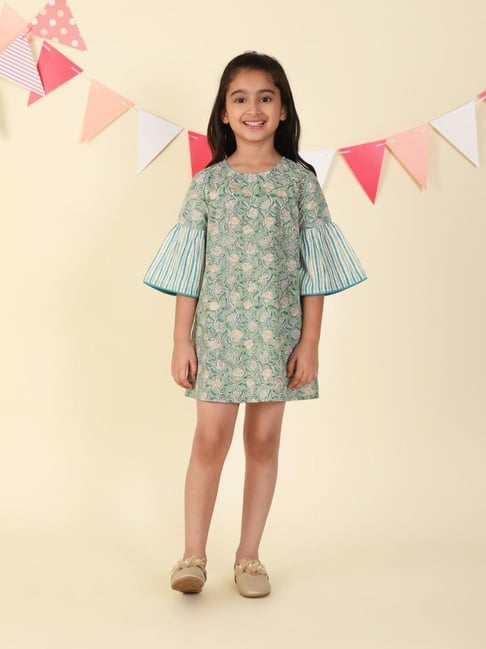 Fabindia Teal Cotton Hand Block Printed Dress-image-40