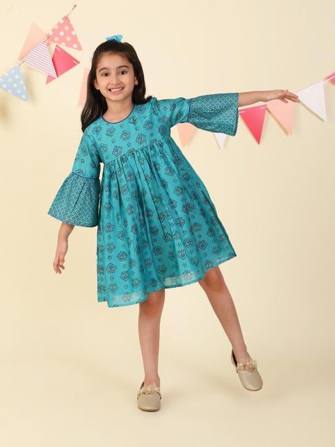 Fabindia Blue Cotton Silk Hand Block Printed Dress-picture-21