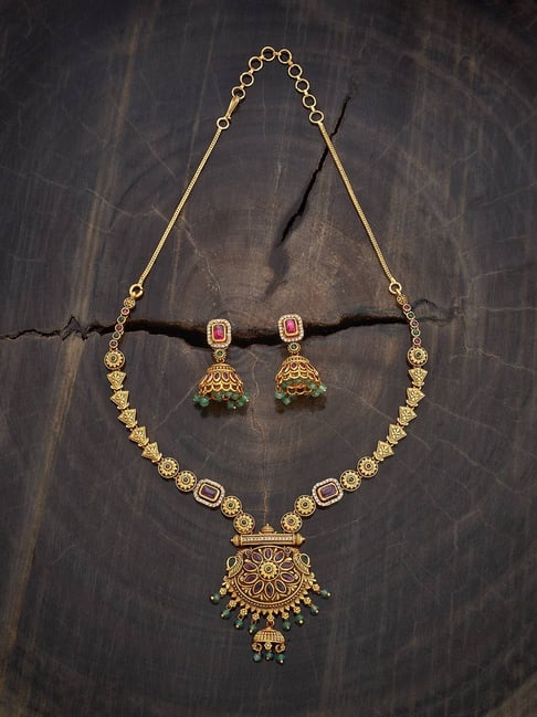 Kushal's Fashion Jewellery Pink & Green Gold-Tone Plated Set for Women-picture-36