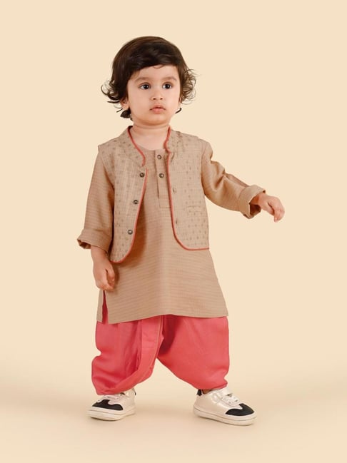 Fabindia Beige Viscose Blend Hand Block Printed Dhoti 3Pc Set