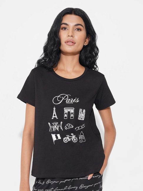 Dreamz By Pantaloons Jet Black Cotton Comfort Fit Printed Sleepwear T-Shirt-picture-12