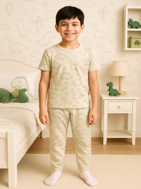 Bubble Berry Boys Off White Cotton Printed T-Shirt with Pyjama Set
