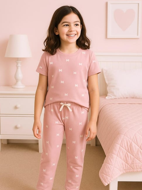 Bubble Berry Girls Pink Cotton Printed T-Shirt with Pyjama Set
