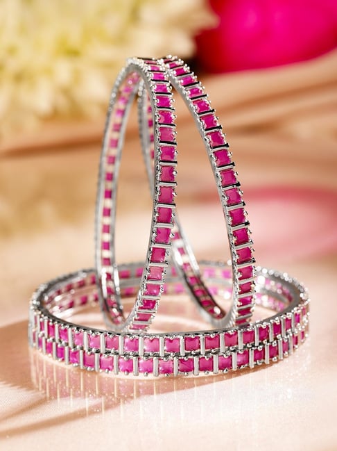 Buy Rubans Set Of Rhodium Plated Pink Bangles for Women Online