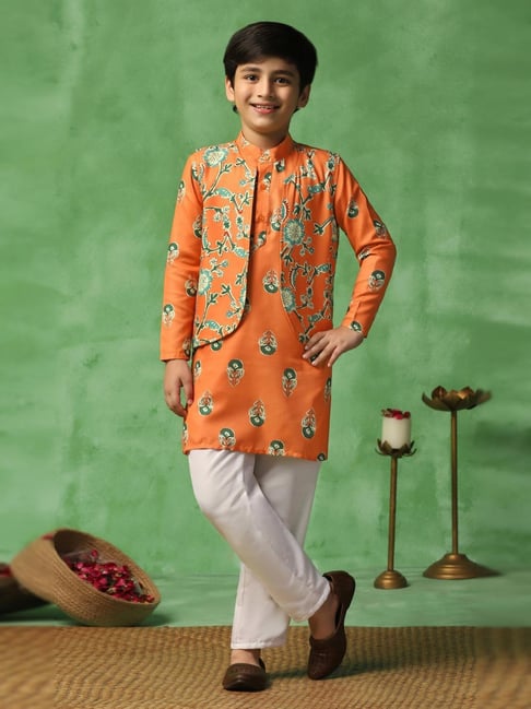 Fashion Dream Boys Orange Floral Kurta and Pyjama with Jacket-picture-41