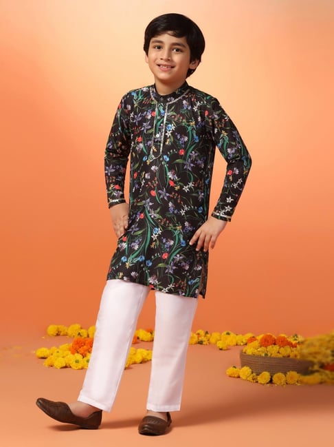 Fashion Dream Boys Black Floral Kurta and Pyjama