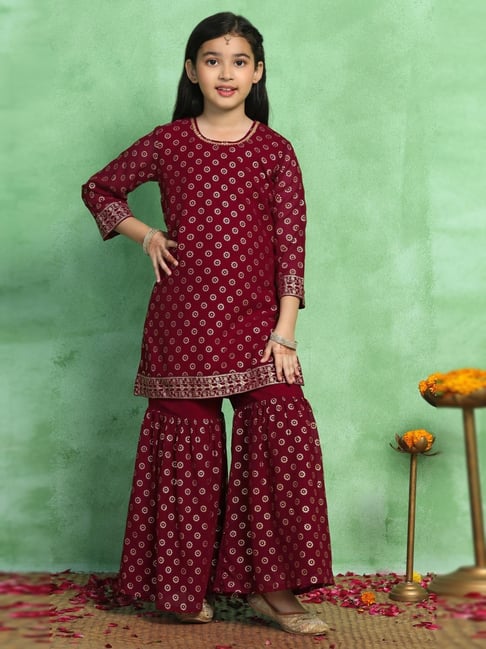 Fashion Dream Girls Maroon Printed Kurta and Sharara-picture-18